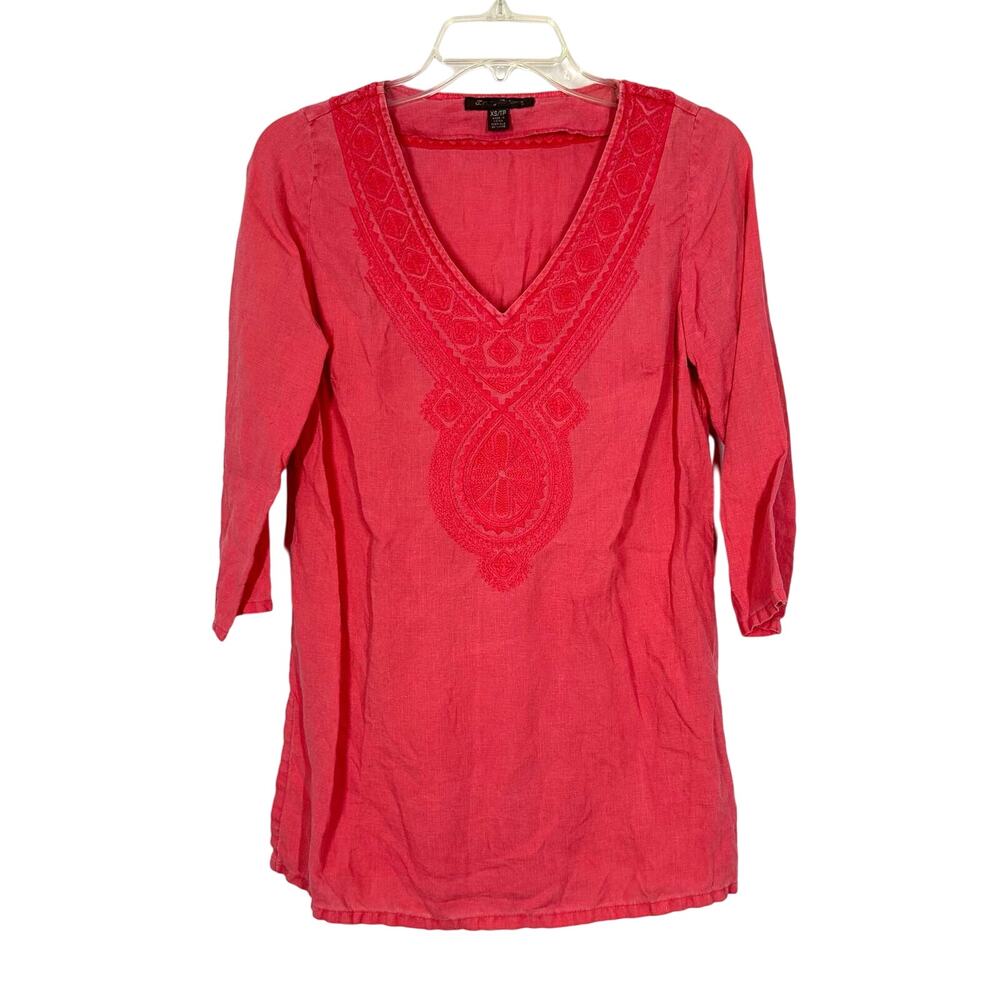 Tommy Bahama 100% Linen XS Pink Embroidered V-Neck 3/4 Sleeve Lightweight Top